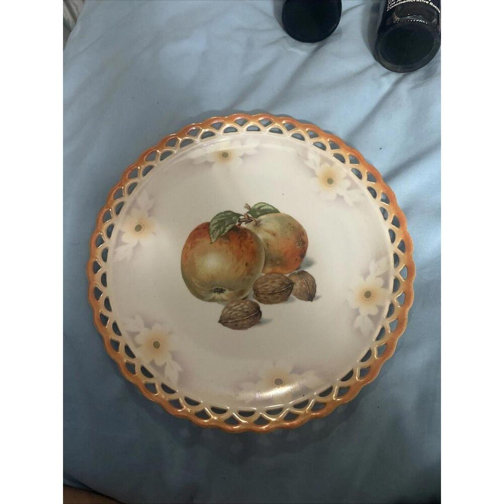 Vintage Reticulated Salad Plate With Nuts & Apples Bavaria 7.5'' Orange White